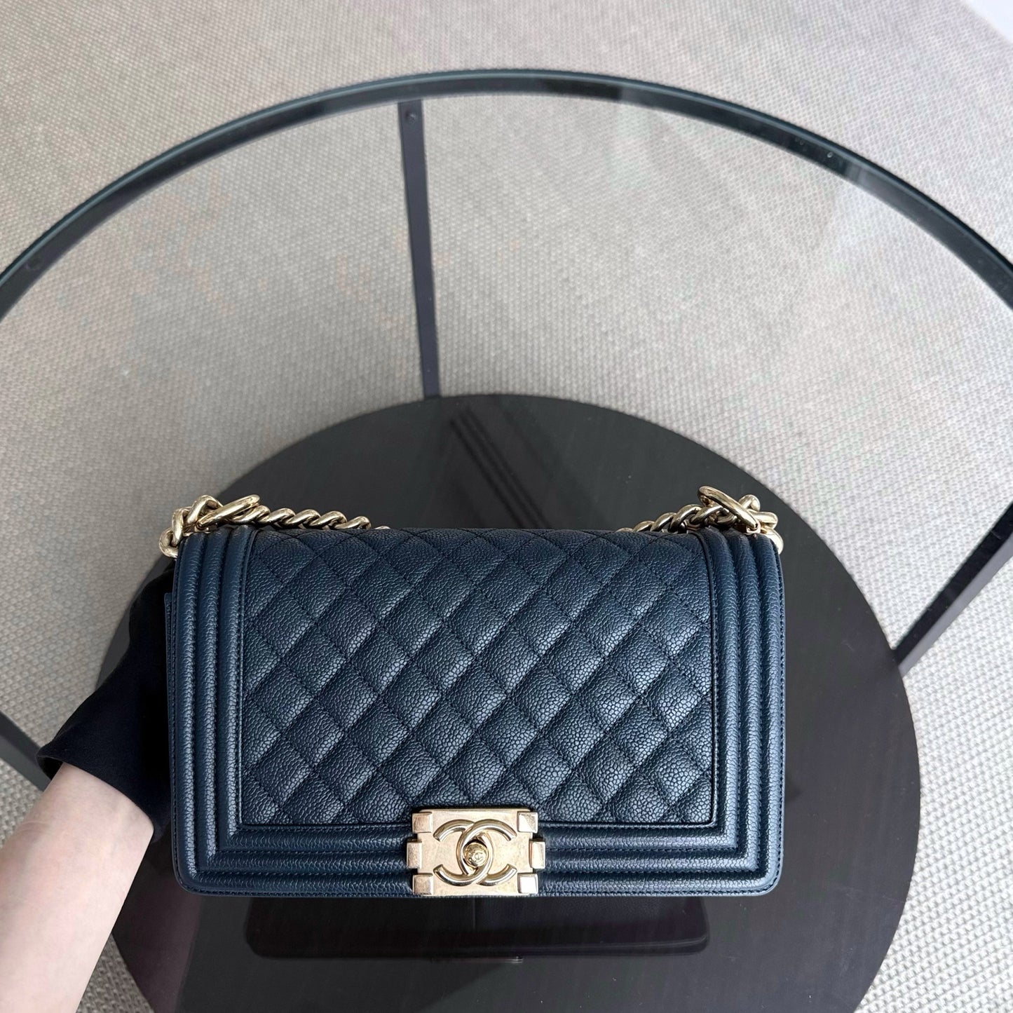 Chanel Boy Medium - Caviar 25CM Quilted Grained Calfskin Blue Gold Hardware Series 23