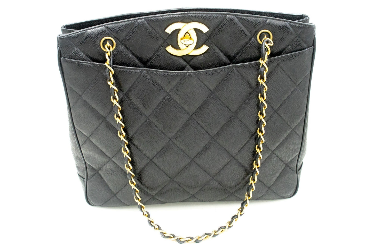 CHANEL Caviar Large Chain Shoulder Bag Black Quilted Leather