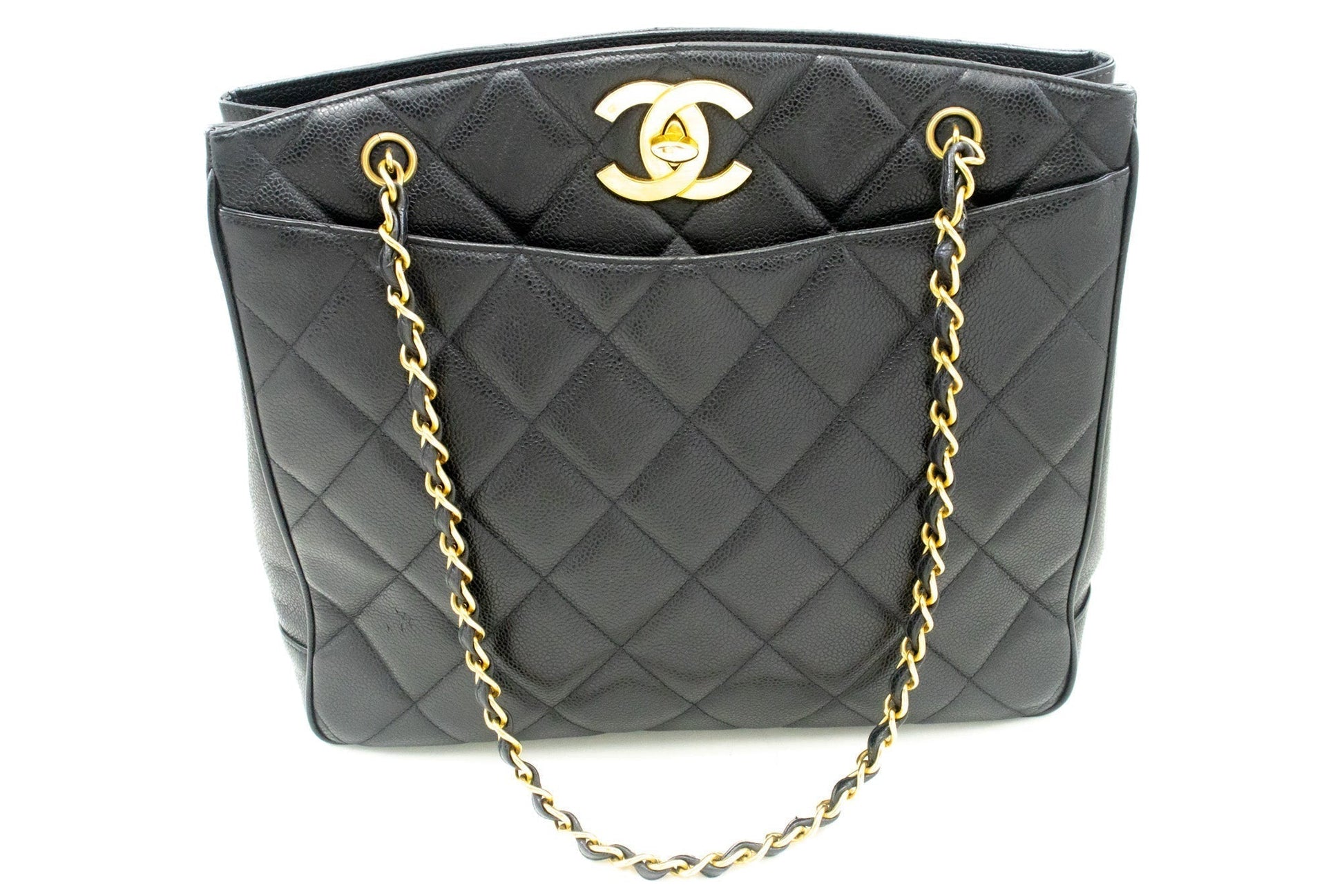 CHANEL Caviar Large Chain Shoulder Bag Black Quilted Leather