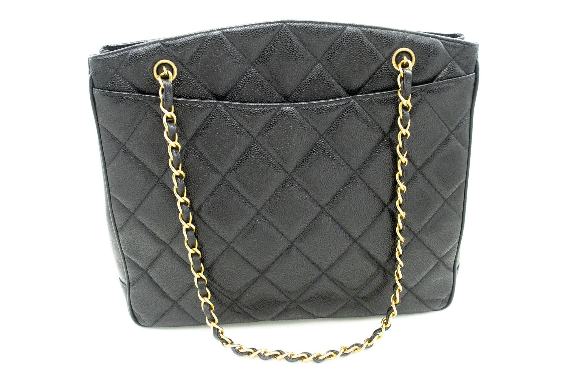 CHANEL Caviar Large Chain Shoulder Bag Black Quilted Leather