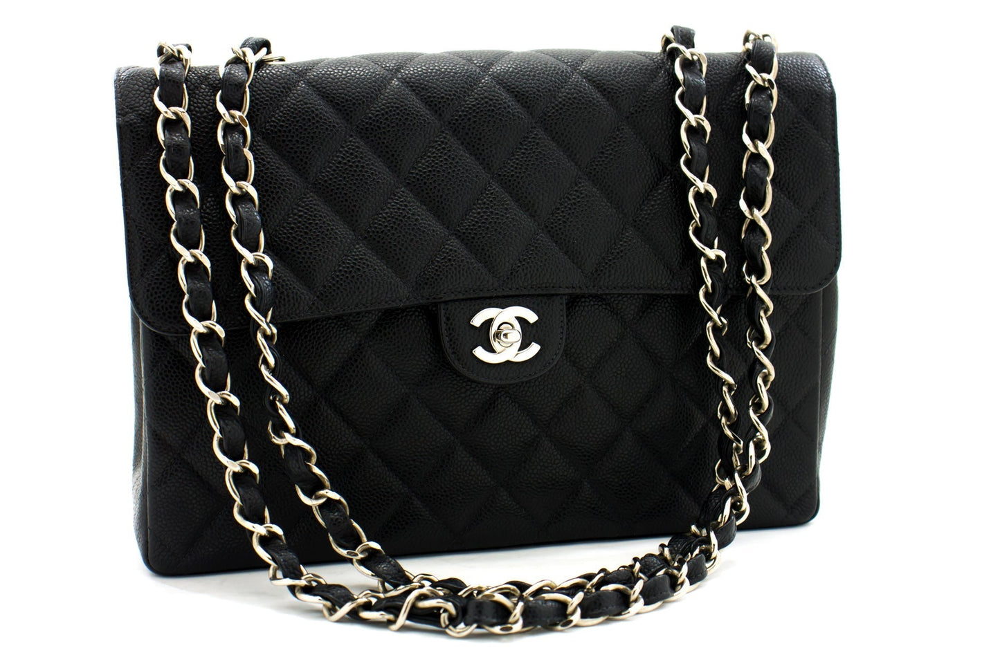 Chanel Classic Large " Chain Shoulder Bag Black Grained Calfskin