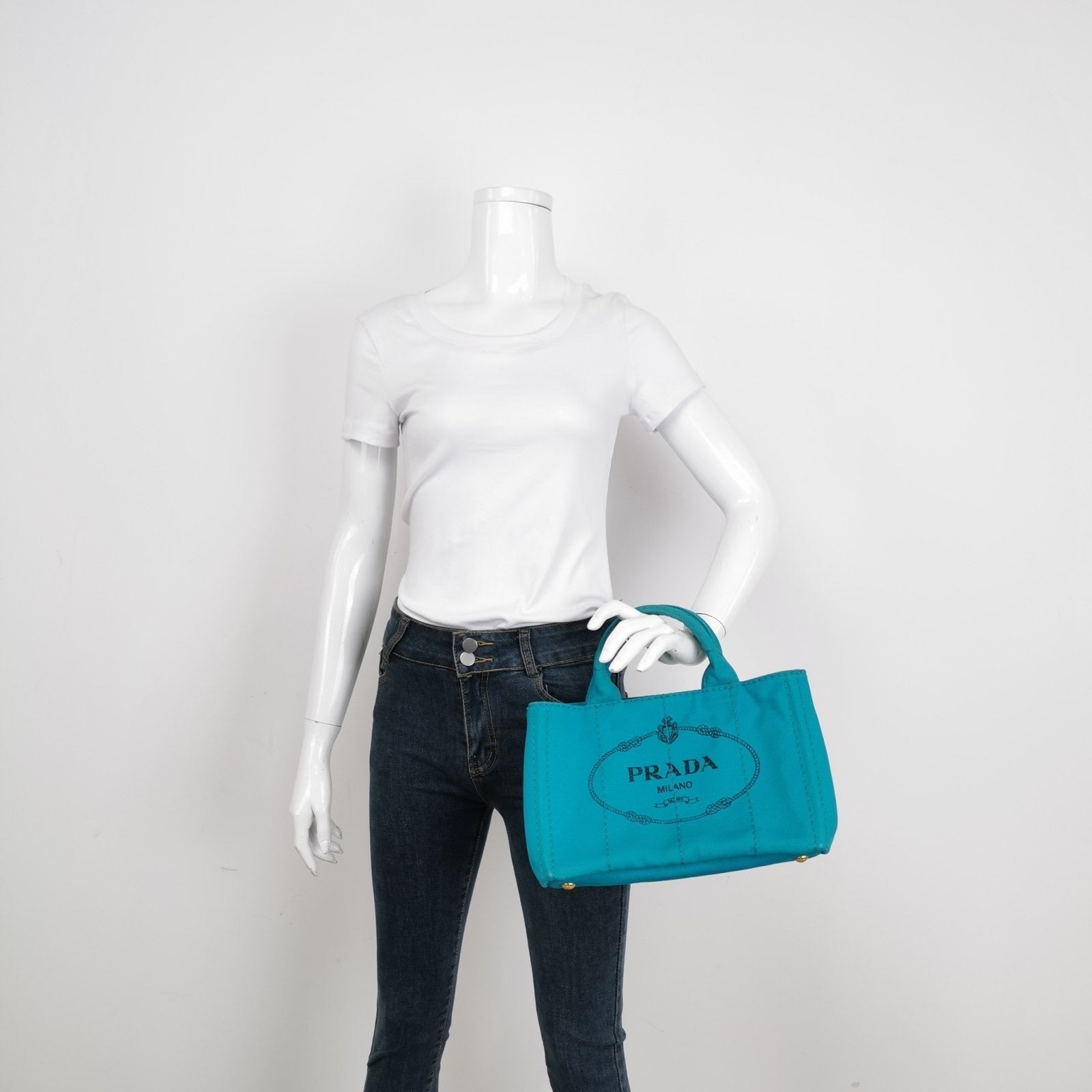 Prada Canape Tote Top Handle Bag Canvas Blue Tote Bag