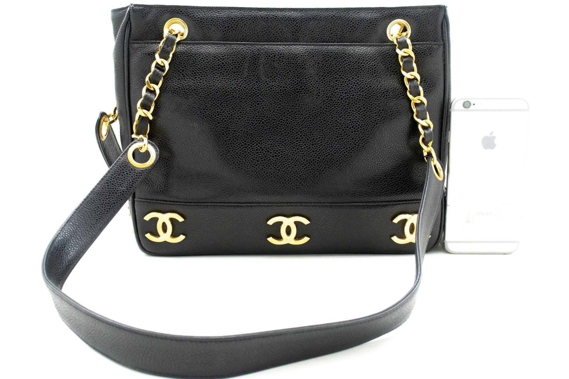CHANEL Caviar Triple Coco Chain Shoulder Bag Black Leather Gold