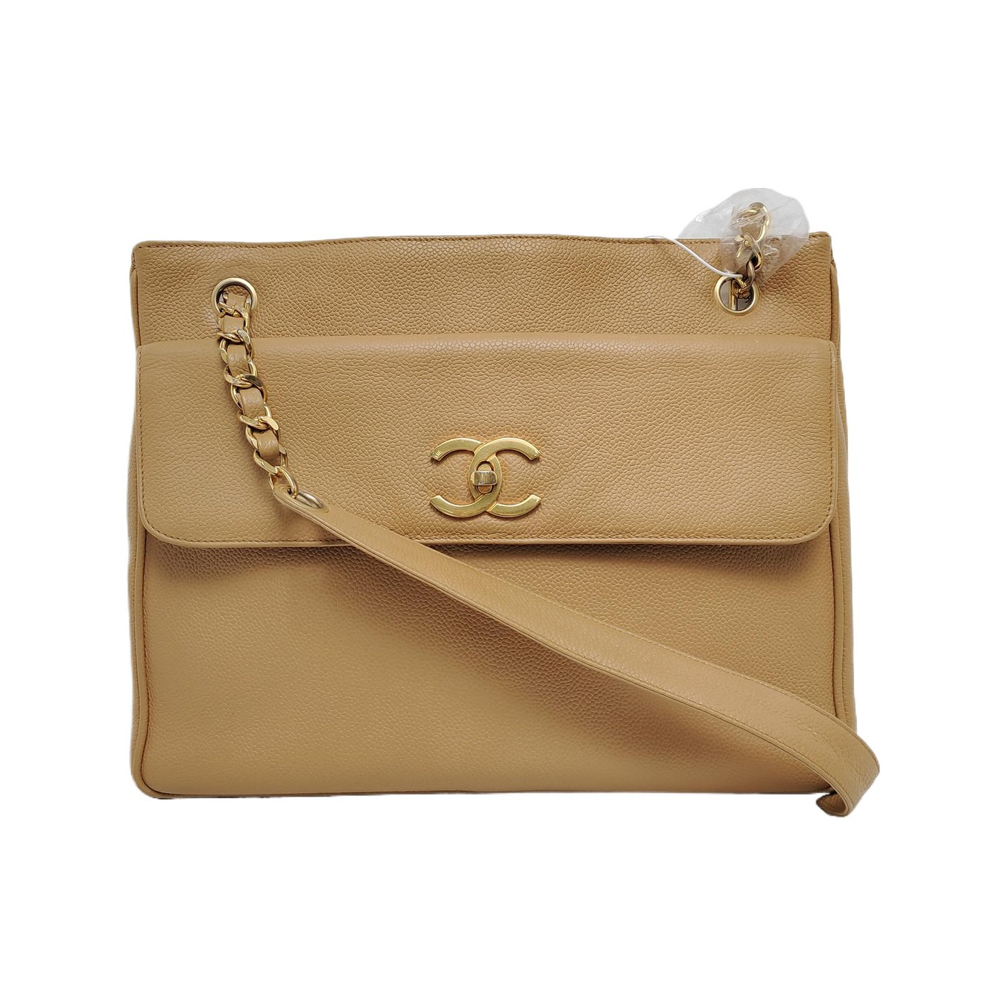 Chanel Front Pocket Caviar Double Gold Beige Leather Tote Bag