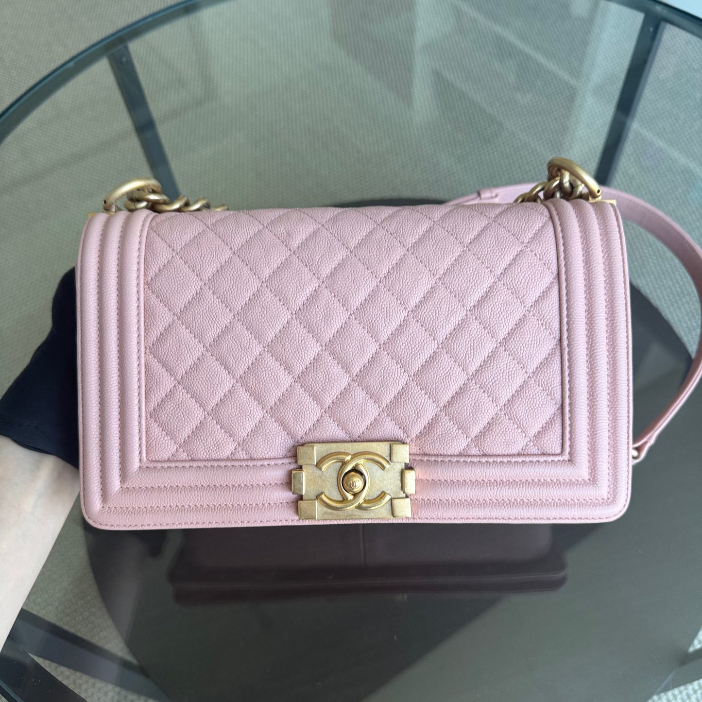Chanel Boy Medium - Caviar 25CM Quilted Pink Gold Hardware Series 25