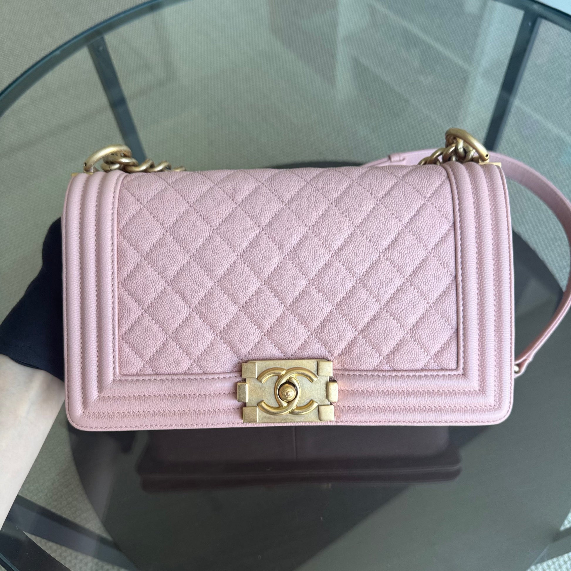 Chanel Boy Medium - Caviar 25CM Quilted Pink Gold Hardware Series 25