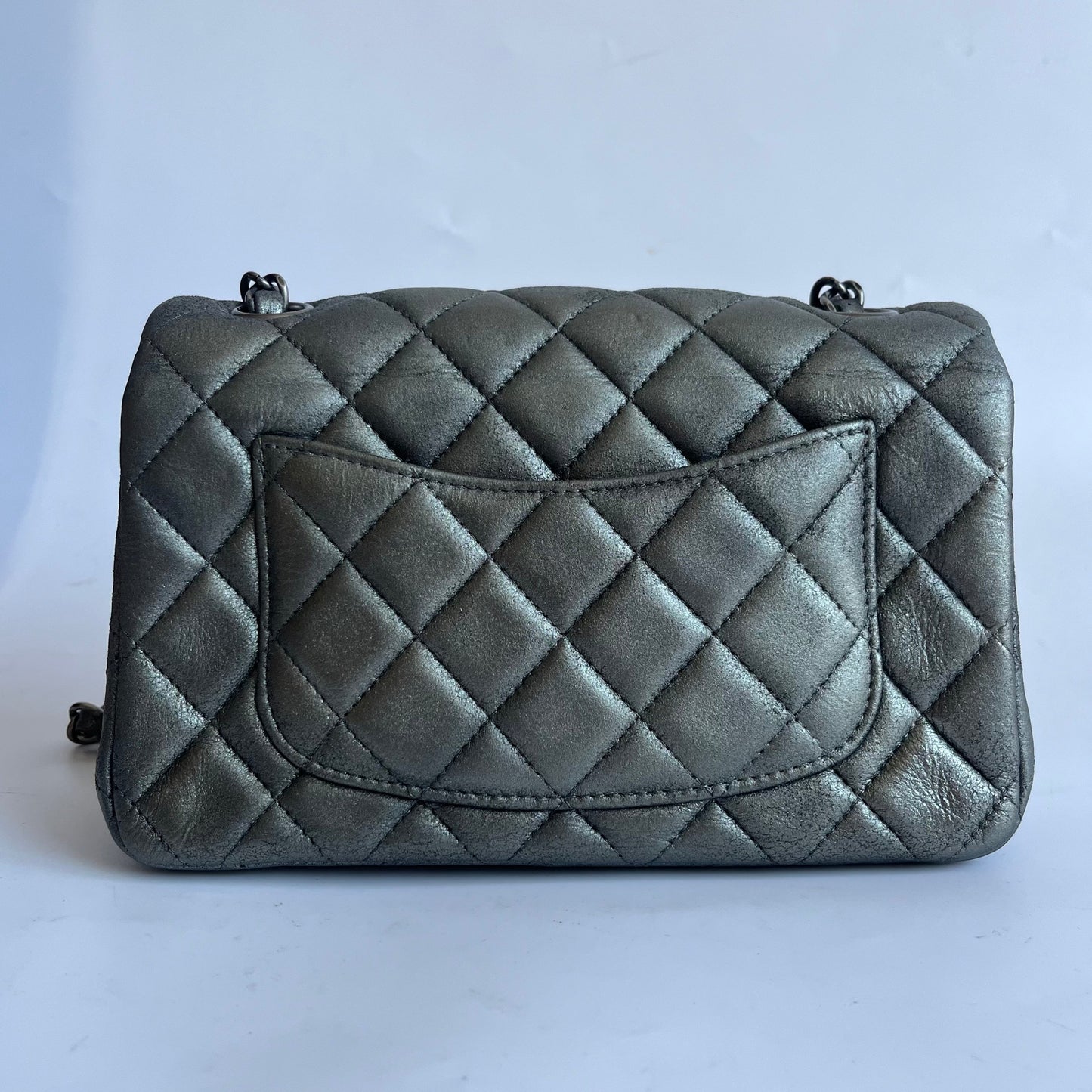 Chanel Classic Flap Rectangular rdware Silver Grey Leather Mini Bag