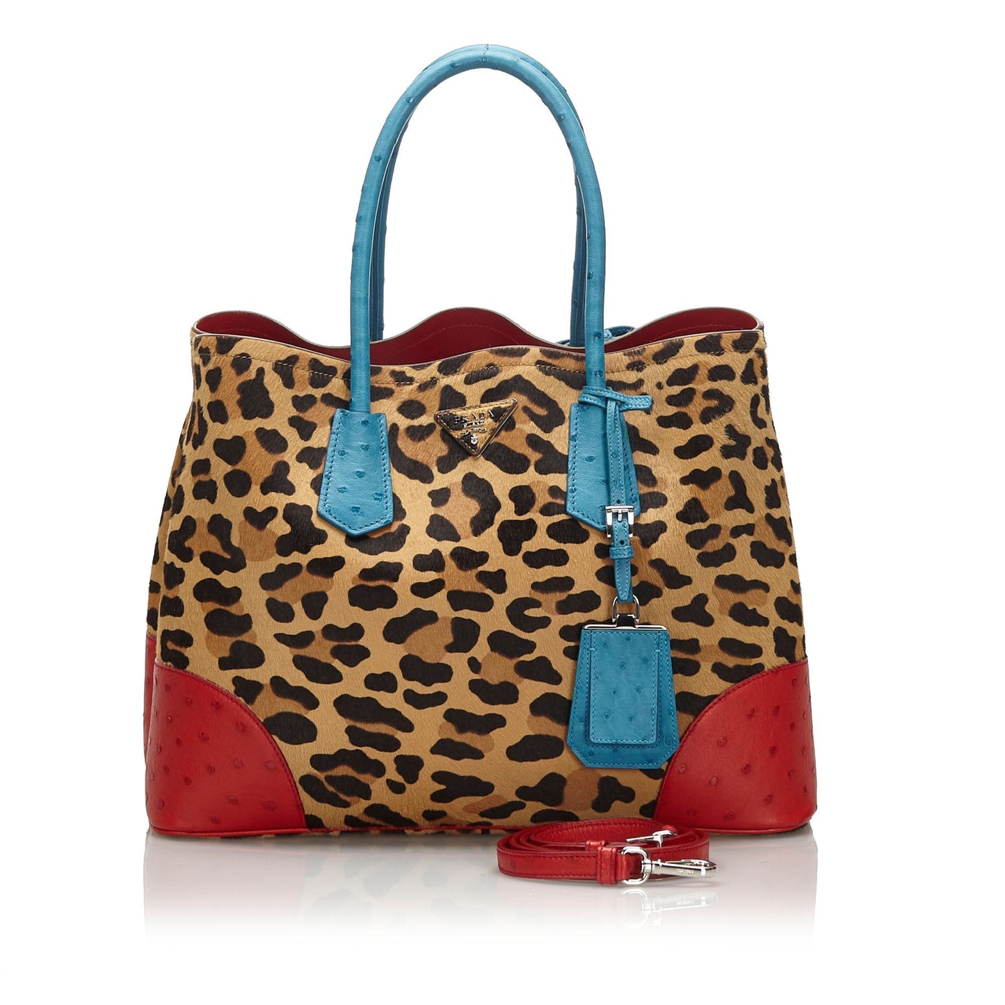 Prada Leopard Print Calf Hair Ostrich Double Tote Bag Brown