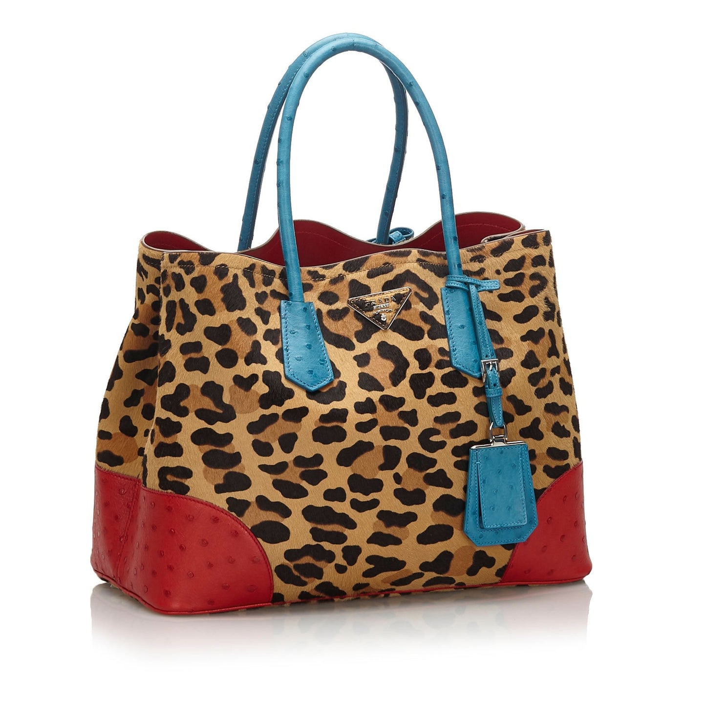 Prada Leopard Print Calf Hair Ostrich Double Tote Bag Brown