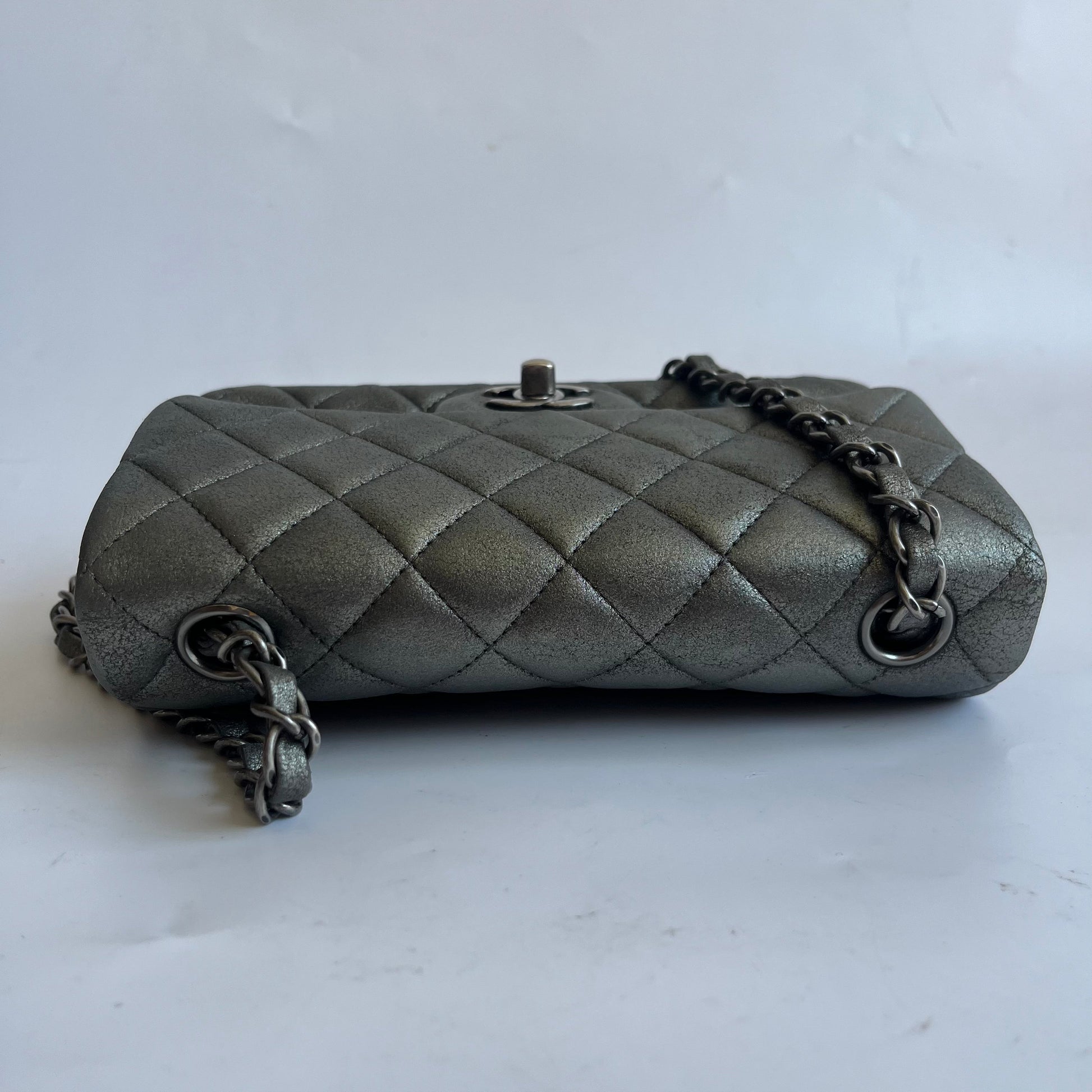 Chanel Classic Flap Rectangular rdware Silver Grey Leather Mini Bag