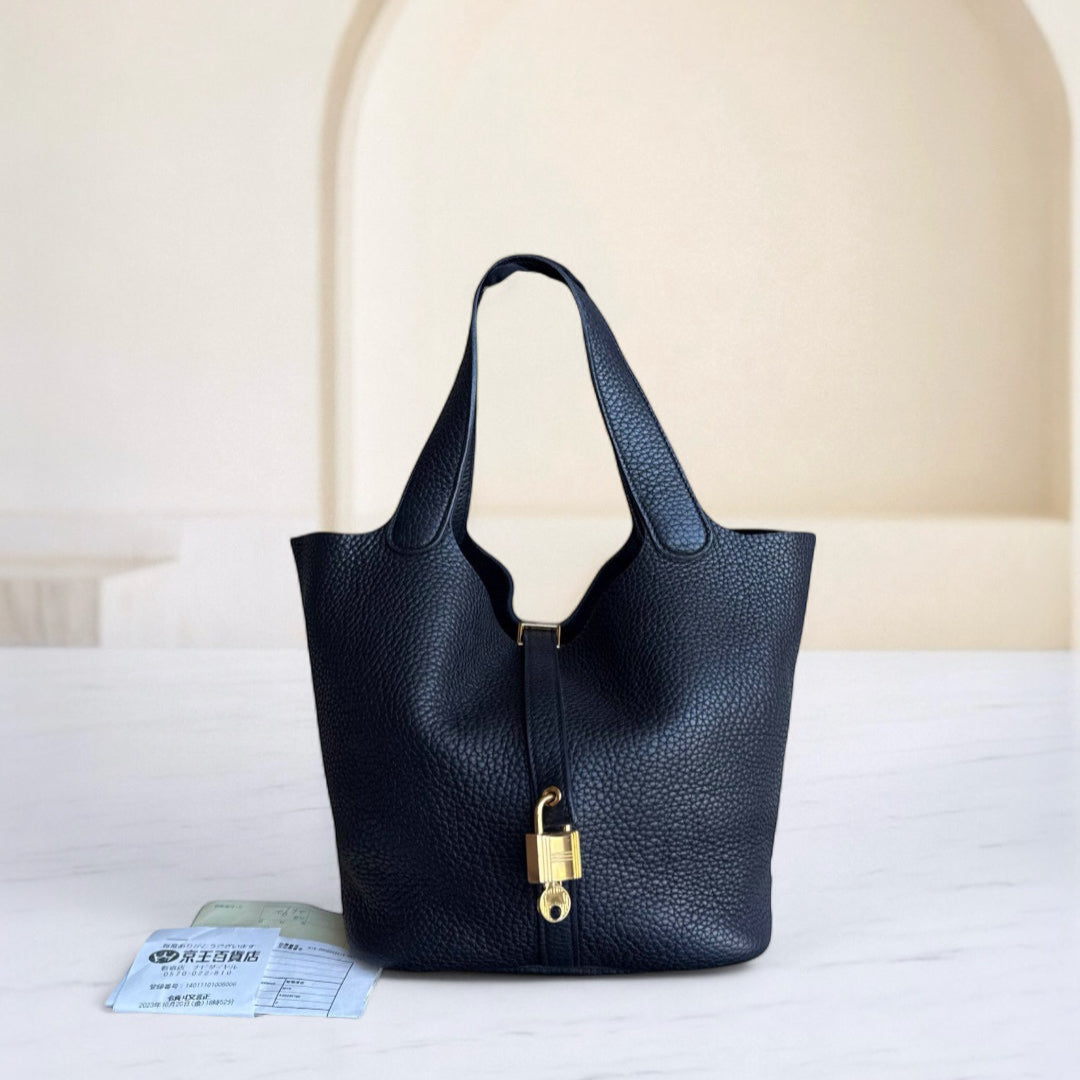 Hermes Picotin Noir Clemence Golden Hardware Handbag Travel Bag