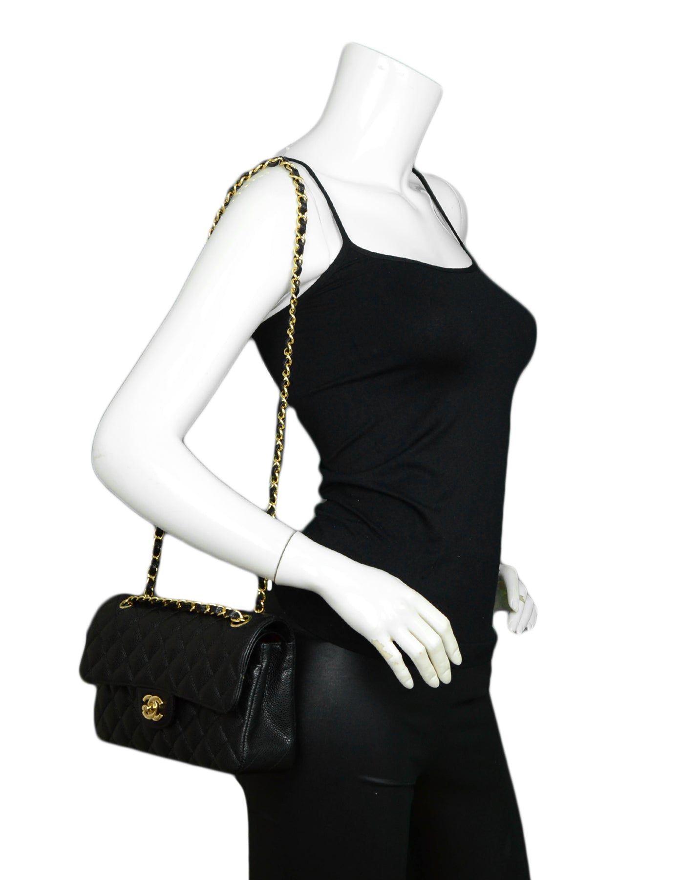 Chanel Black Quilted Caviar Leather 9" Small Double Flap Classic Bag Ghw