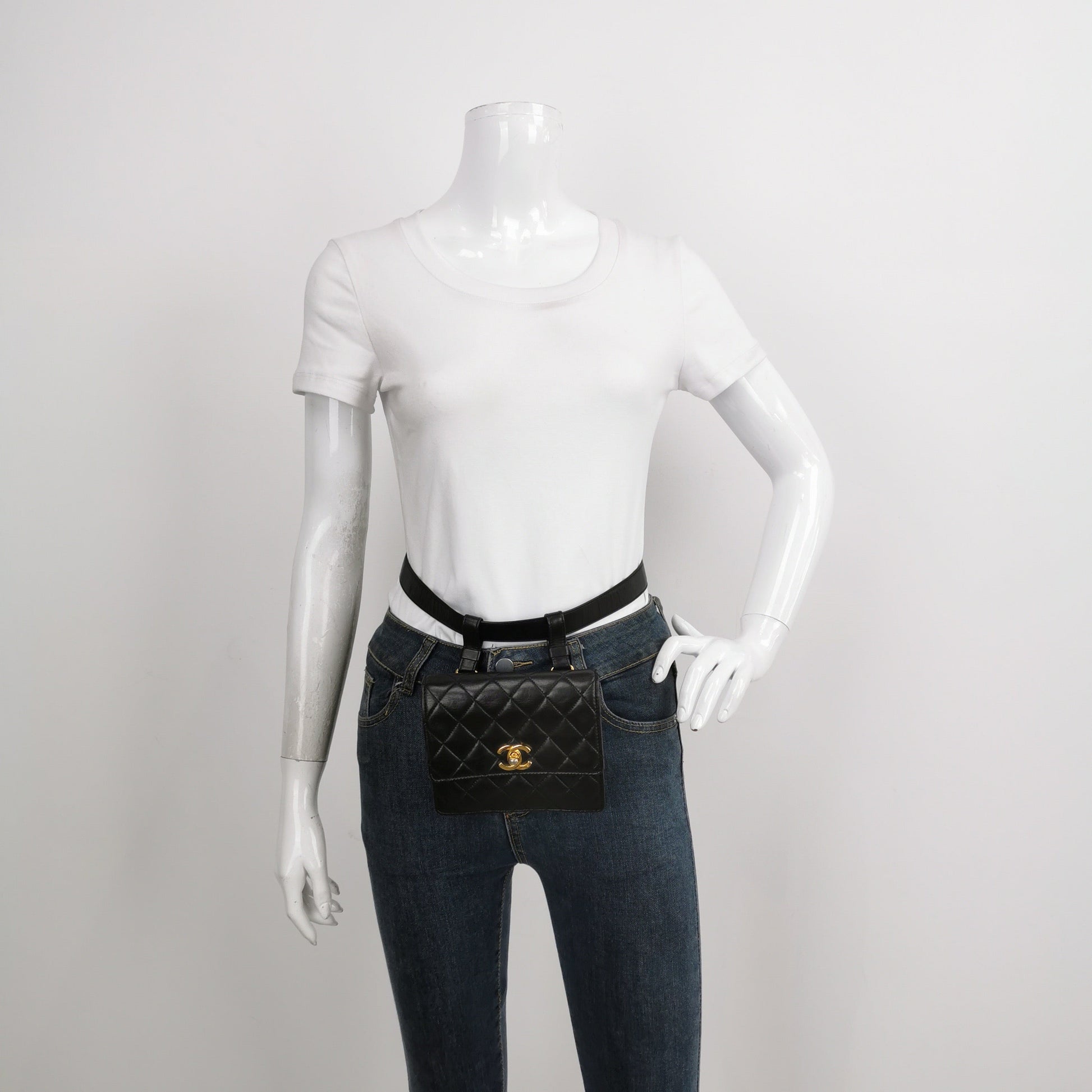 Chanel Belt Lambskin -tone Hardware Black Gold Leather