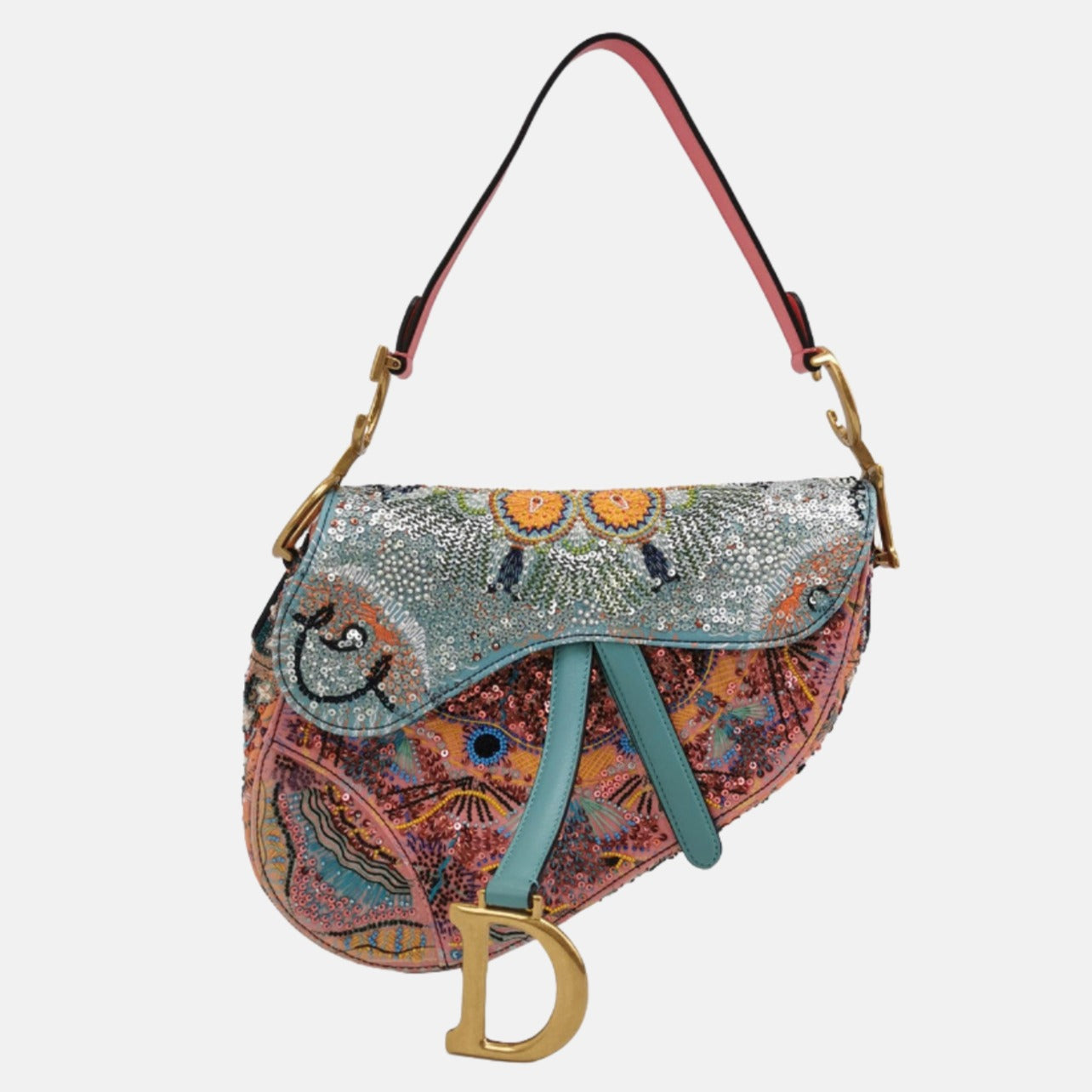 Dior Christian Saddle Multicolor Beads And Calfskin Shoulder Leather Medium Shoulder Bag
