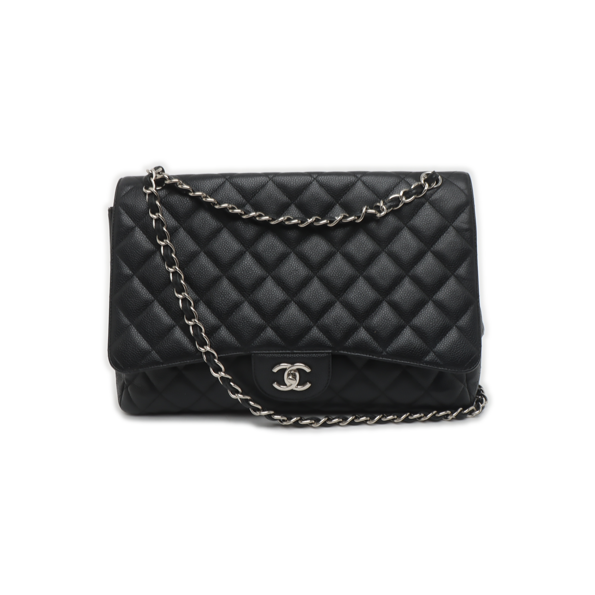 Chanel Classic Flap Maxi Caviar Single Flap Black Silver Leather Handbag