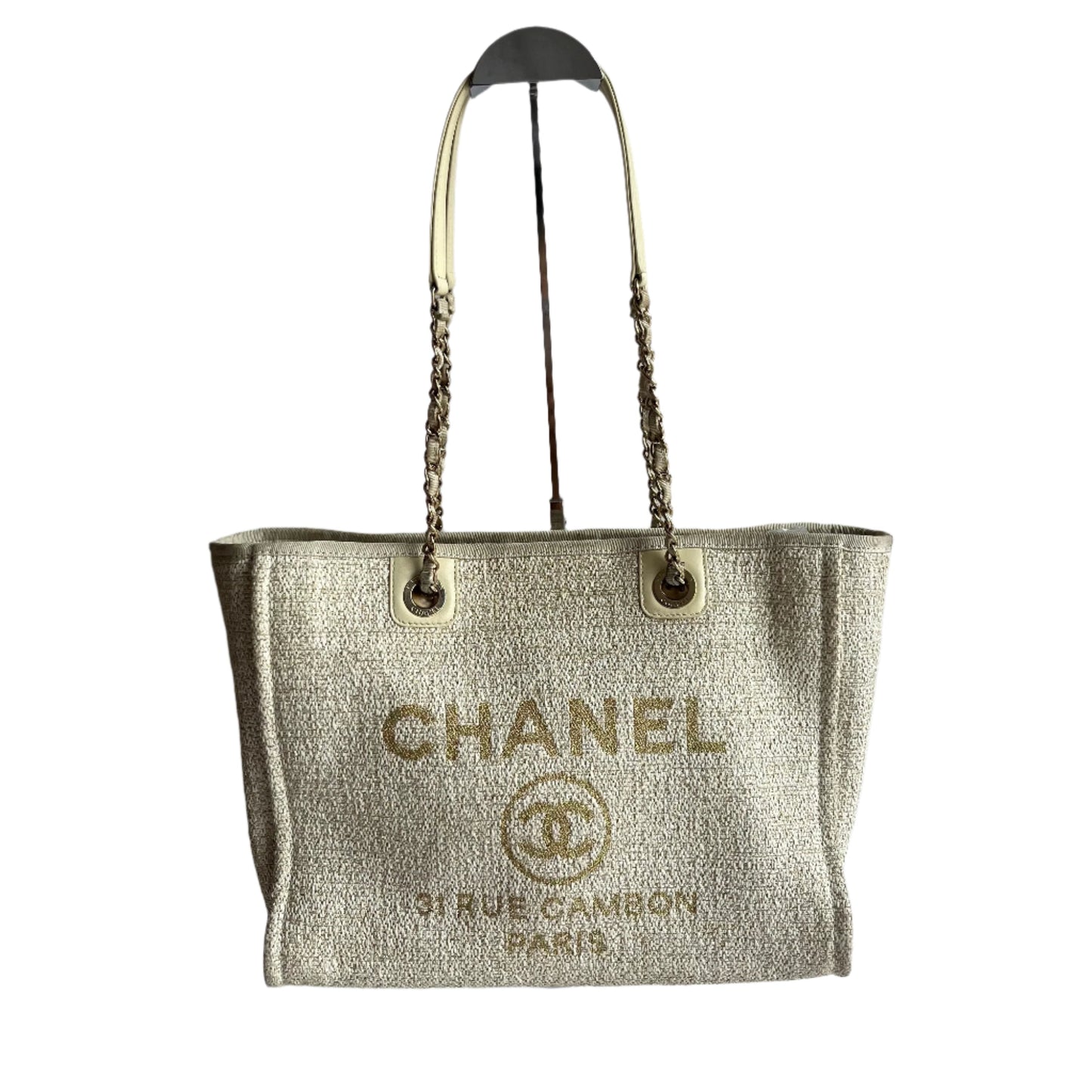 Chanel Deauville Cloth 34cm Gold Beige Small Leather Tote Bag