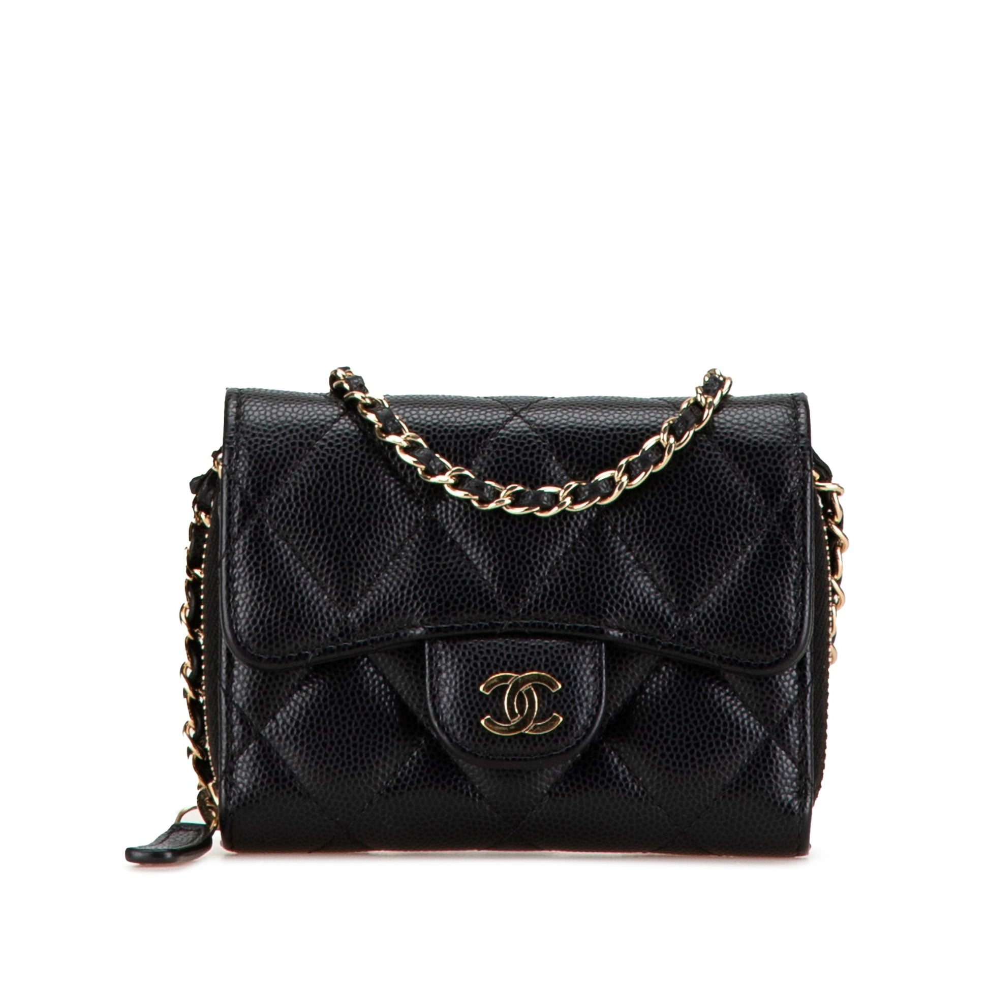 Black Chanel Classic Caviar Coin Pouch with Chain Crossbody Bag