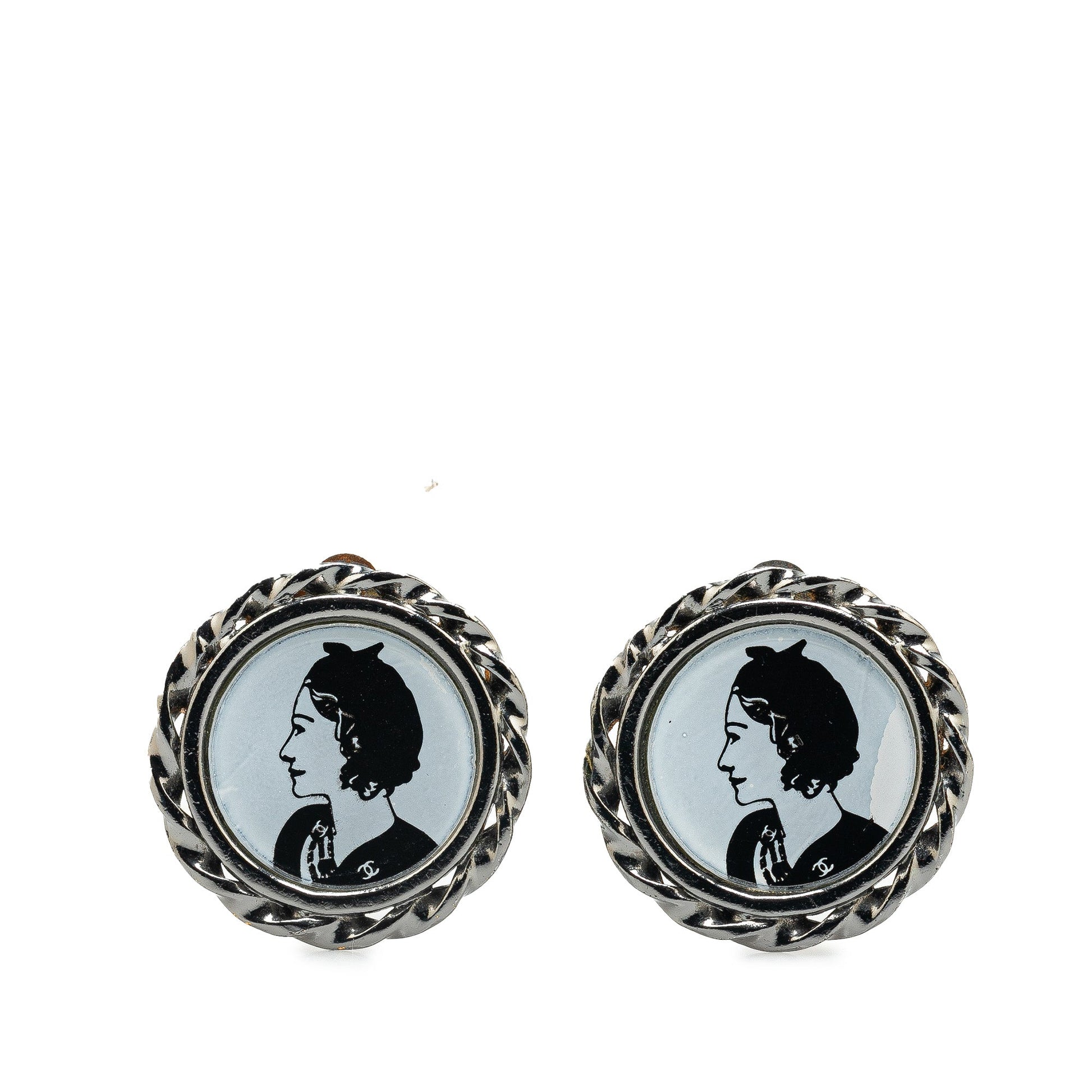 Silver Chanel Silver Plated Mademoiselle Coco Profile Clip on Earrings Costume Necklace