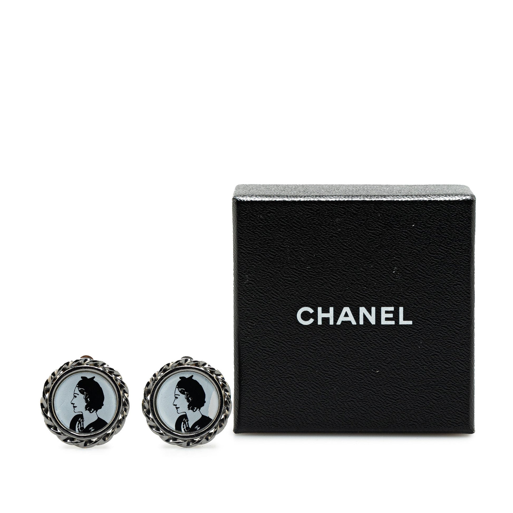 Silver Chanel Silver Plated Mademoiselle Coco Profile Clip on Earrings Costume Necklace