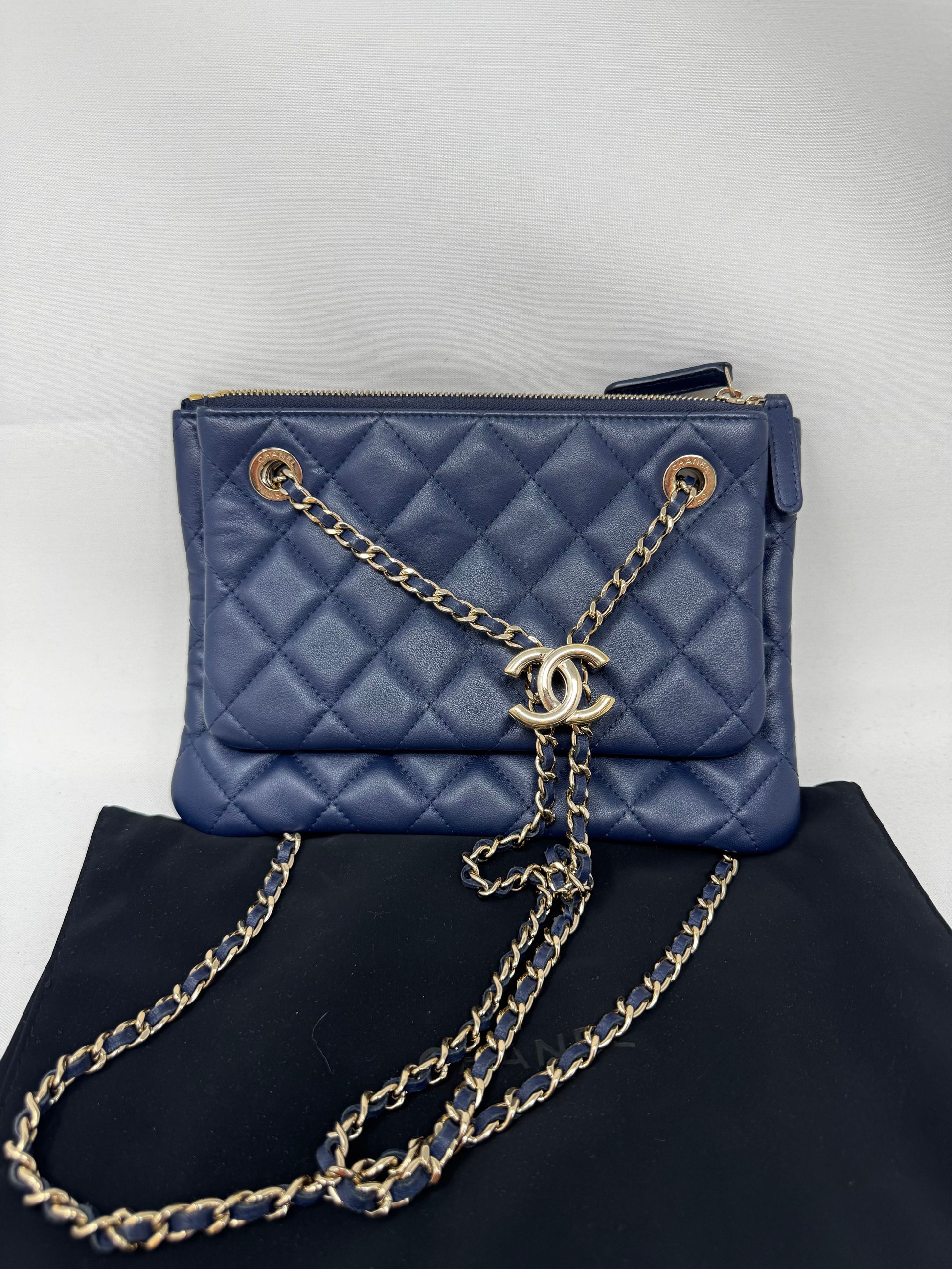 CHANEL Navy Double Pouch Chain Crossbody Bag B-