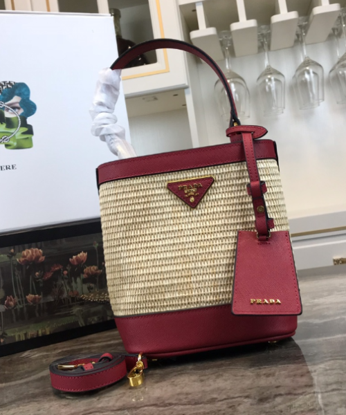 Prada Panier Straw Bag Red Medium Travel Bag