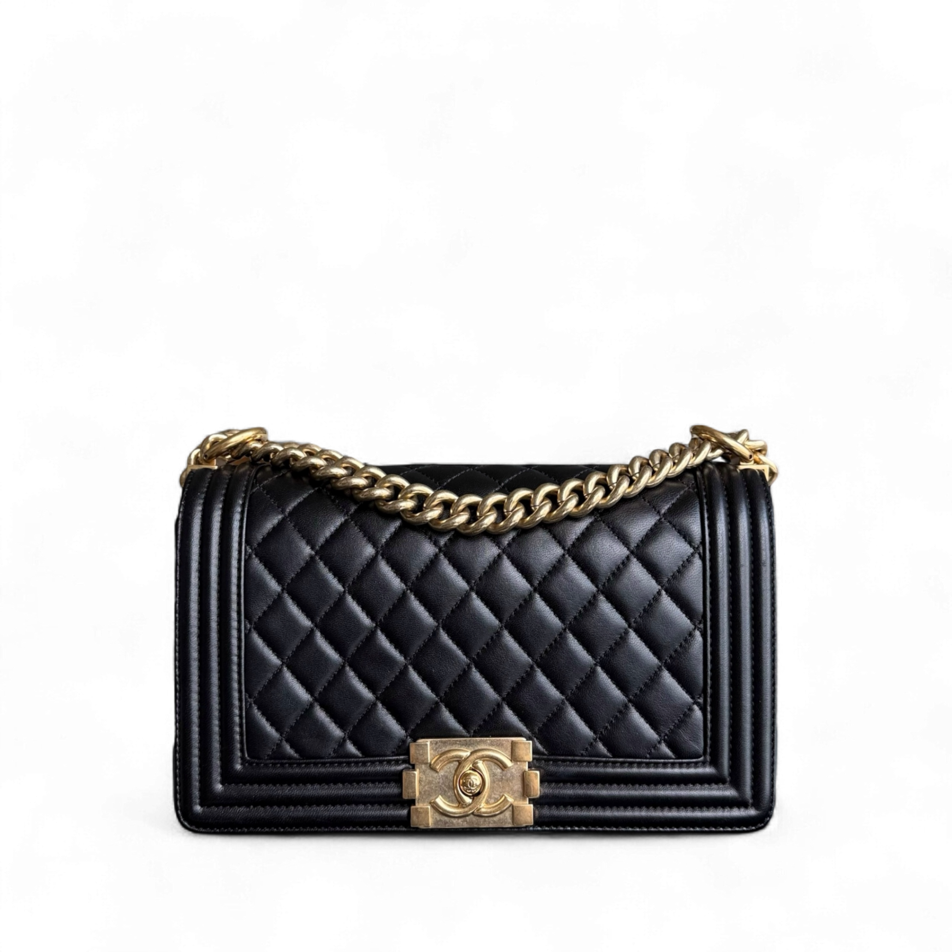 Chanel Boy Medium - 25CM Quilted Lambskin Black Gold Hardware Series 23