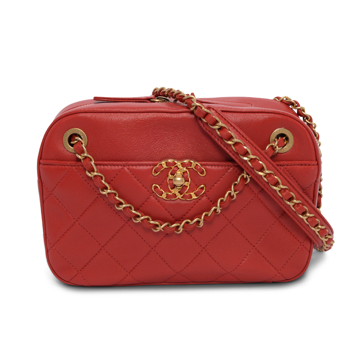 Chanel Red Quilted Lambskin Chain Infinity Camera Case Handbag