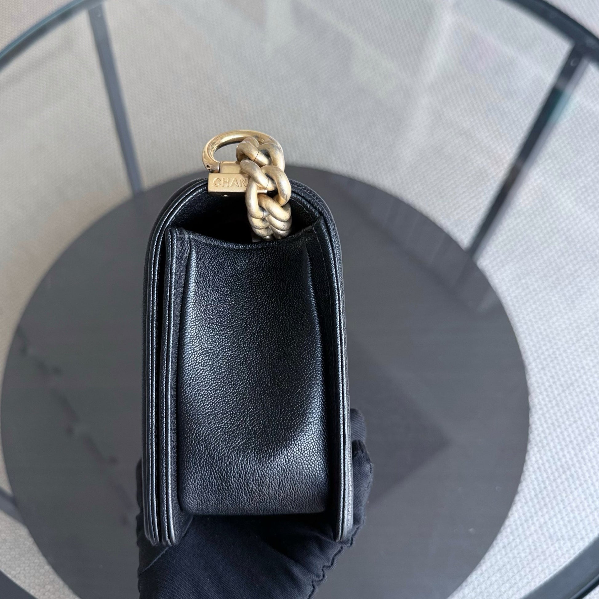 Chanel Boy Medium - Caviar 25CM Chevron Black Gold Hardware Series 26