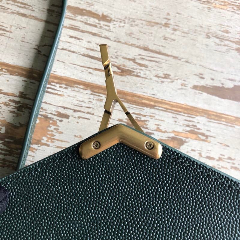 YSL Saint Laurent Cassandra Embossed Dark 9in 25cm Grain De Poudre Green Medium Top Handle Handbag