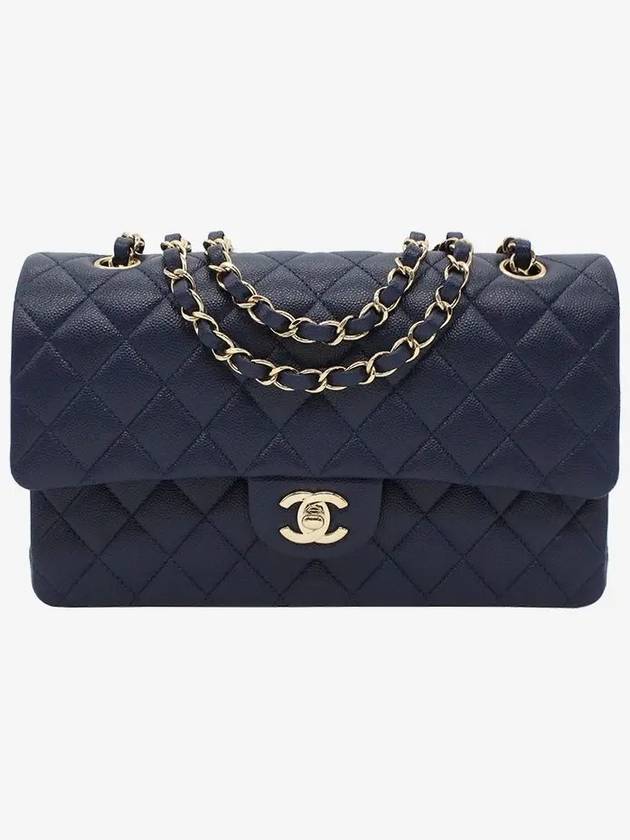 Classic Grained Calfskin Medium Shoulder Bag Navy Chanel