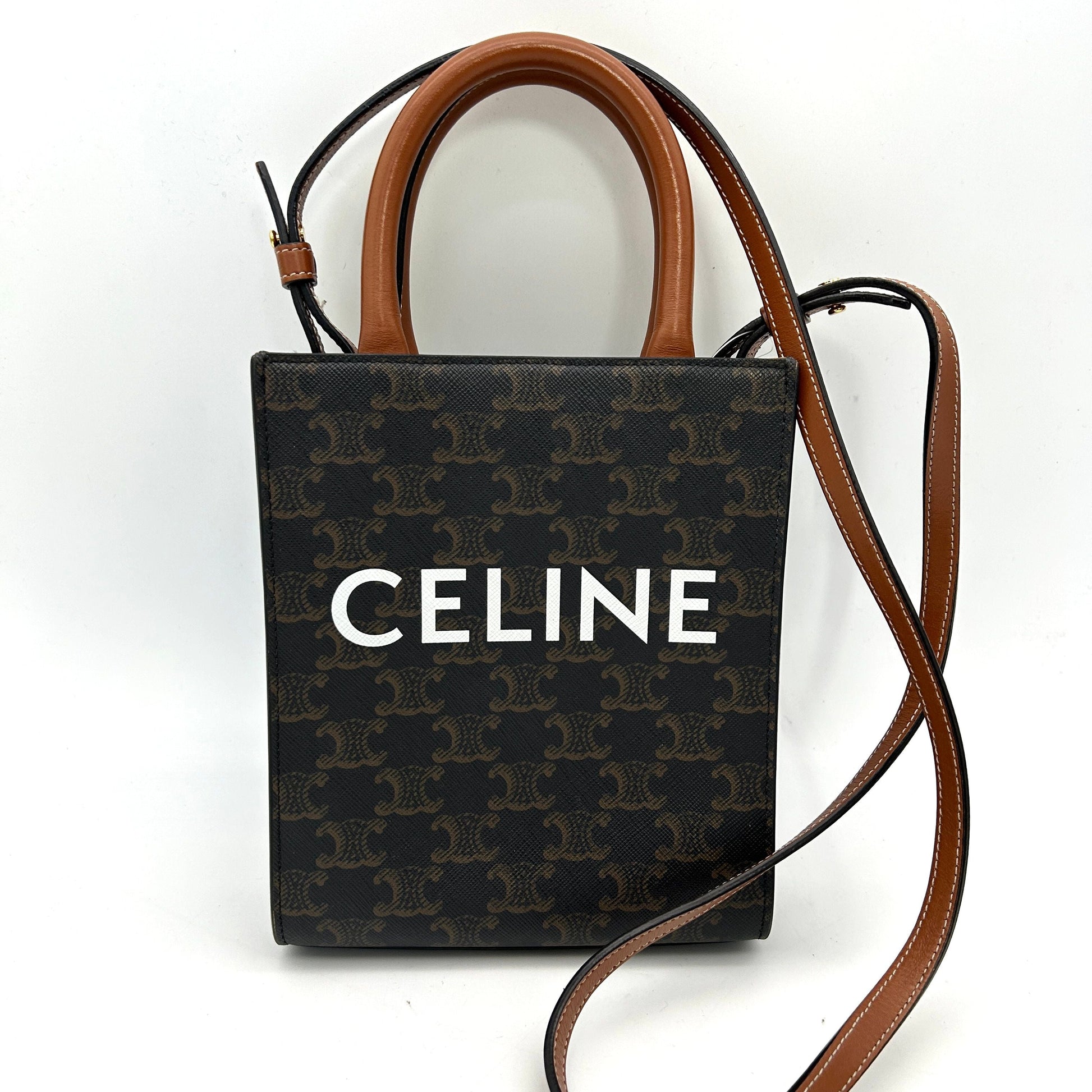 Luxury Brown Triomphe Coated And Mini Vertical Leather Canvas Tote Bag