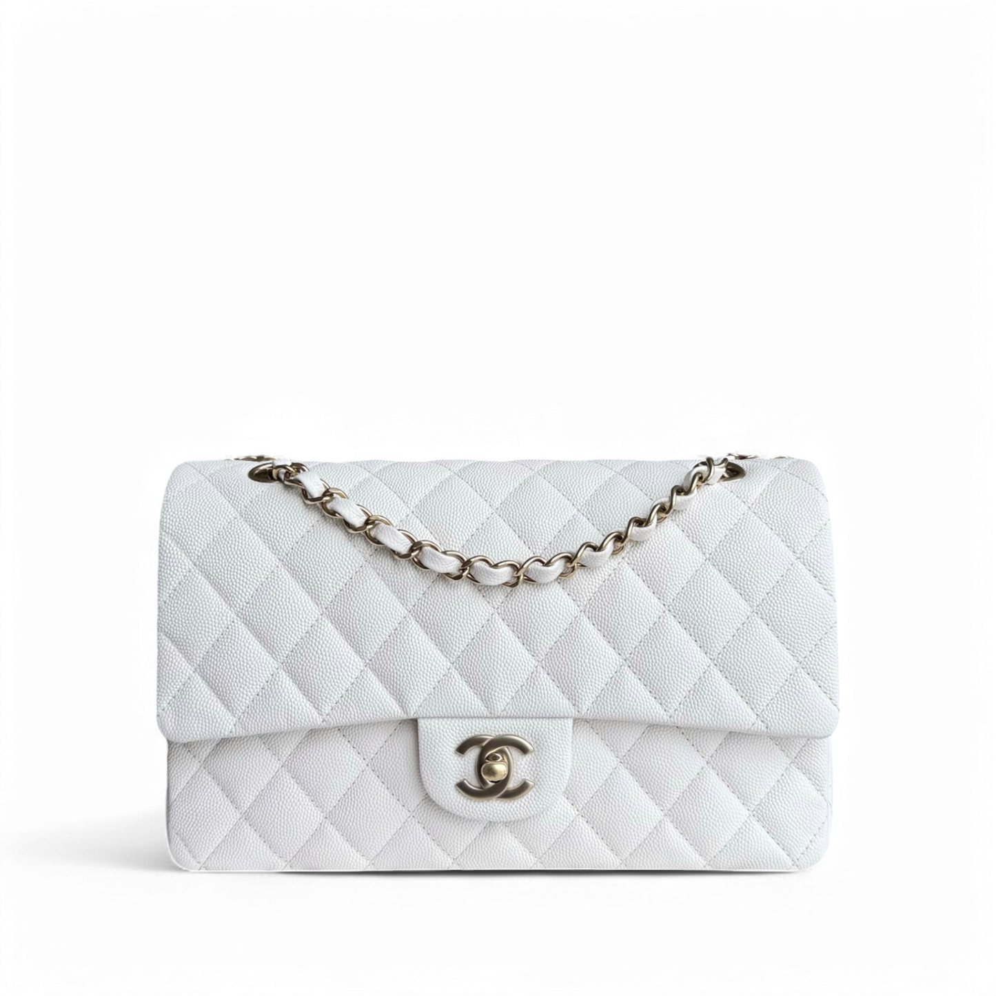 Chanel Classic Flap Medium - Caviar 25CM Quilted Snow White Gold Hardware Microchip