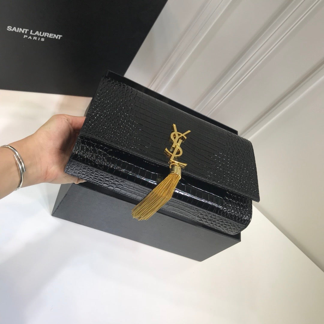 YSL Saint Laurent Kate Tassel Embossed Crocodile 9in Black Medium Chain Handbag