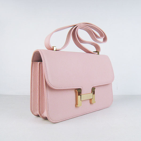 Hermes Luxury Calf Message Bag H Golden Leather Pink Travel Bag