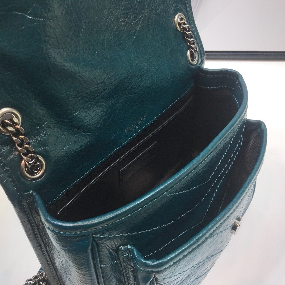 YSL Saint Laurent Niki Baby Crinkled Dark 8in Green Chain Handbag