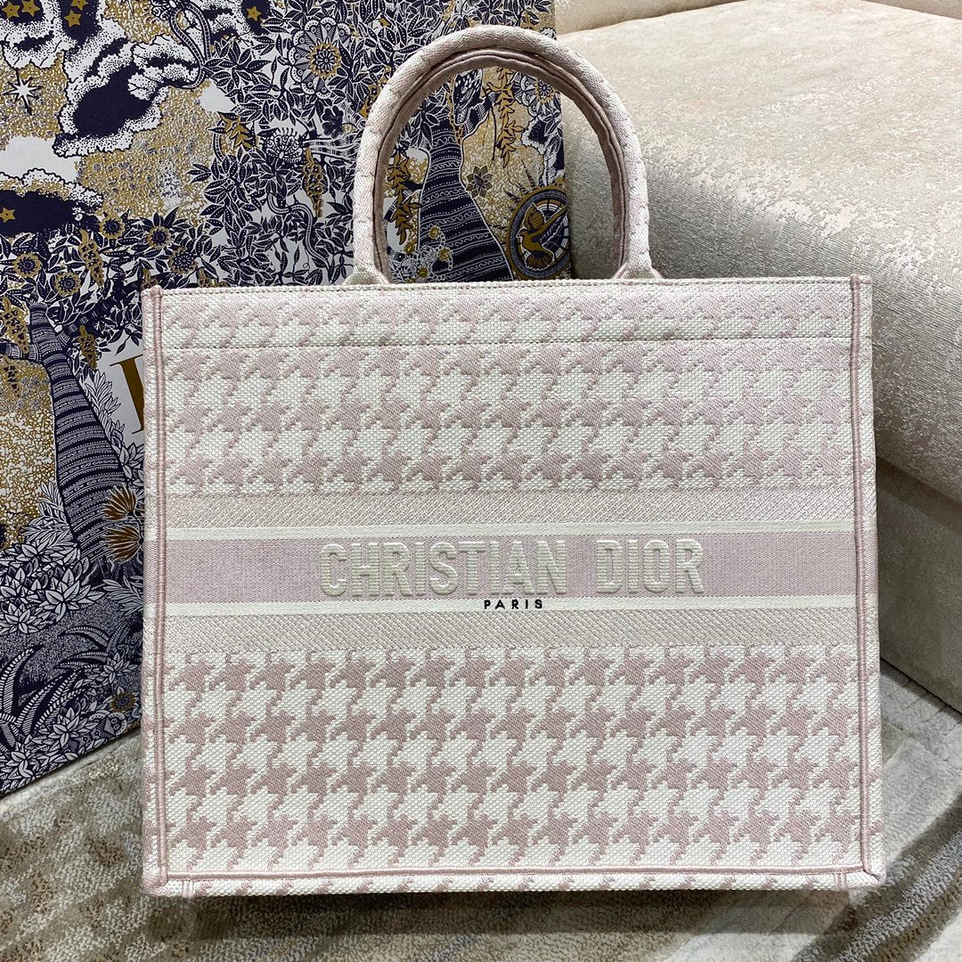 Book Pale Houndstooth Embroidery Cd Pink Large Book Tote Shoulder Bag