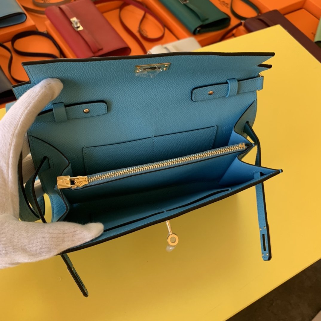 Top Quality Kelly Classique To Go Wallet Blue Gold Travel Bag