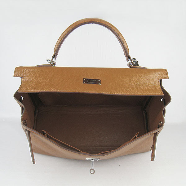 Hermes Luxury Kelly Cm Togo Handbag Light Coffee Leather Silver Travel Bag