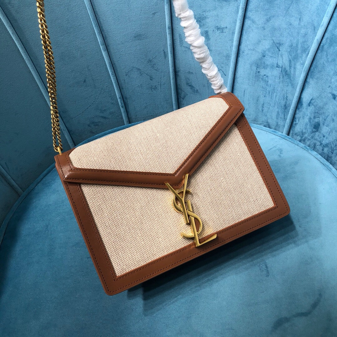 YSL Saint Laurent Le Cassandra BoxNatural 8in 22cm Canvas Beige Medium Chain Handbag