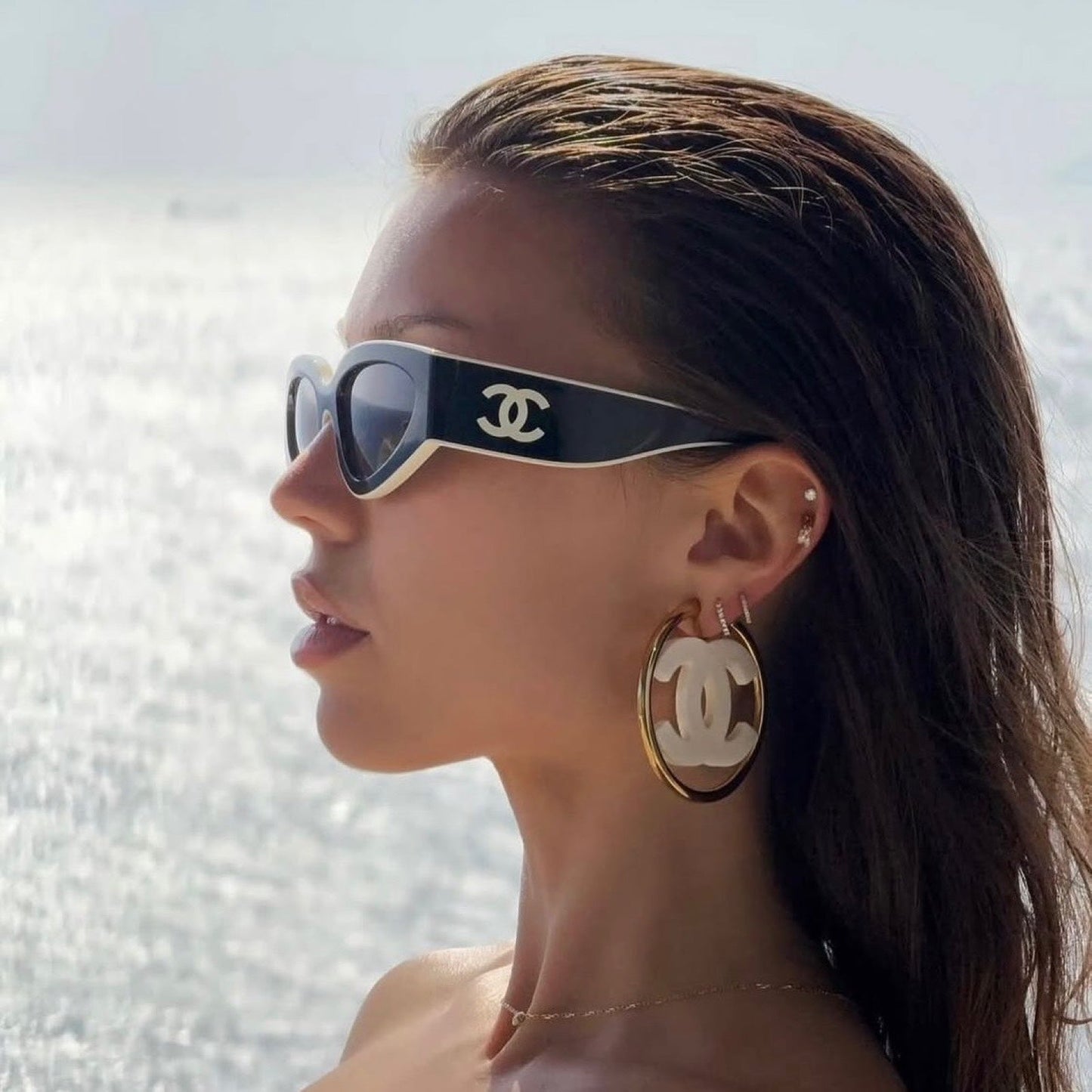 Chanel 24S Large CC Logo Hoop Clip on Earrings with White Enamel in Ghw