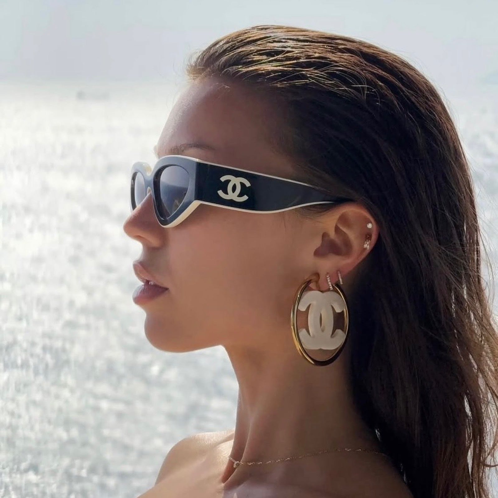 Chanel 24S Large CC Logo Hoop Clip on Earrings with White Enamel in Ghw