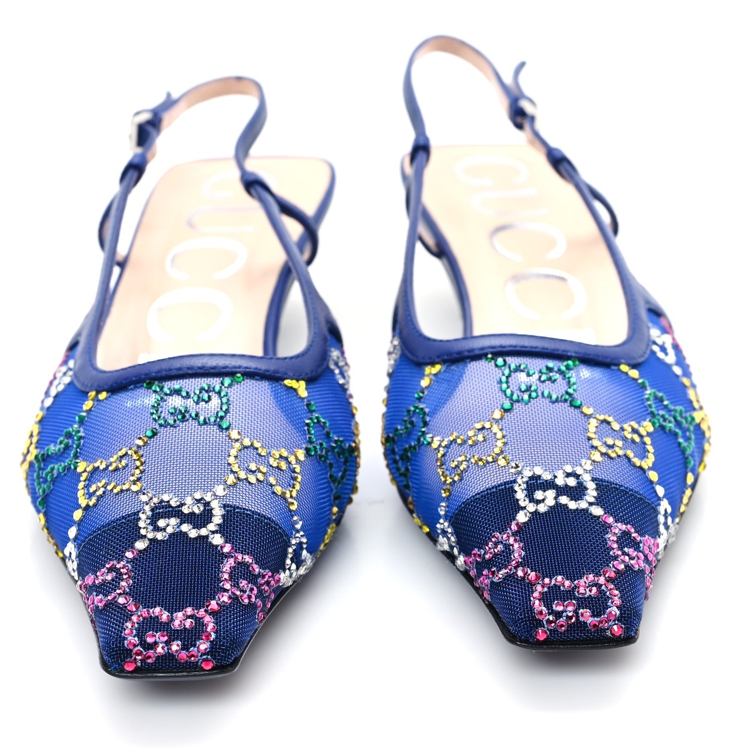 Gucci Tela Retino Nappa Charlotte Crystal GG Monogram Square G 35mm Slingback Pumps 35.5 Splash Net Blue Witch