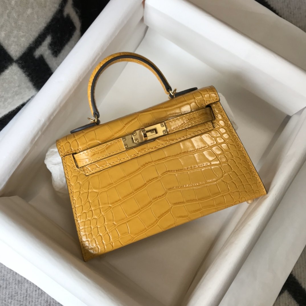 Top Quality Kelly Embossed Patent Yellow Bag Gold Mini Shoulder Bag