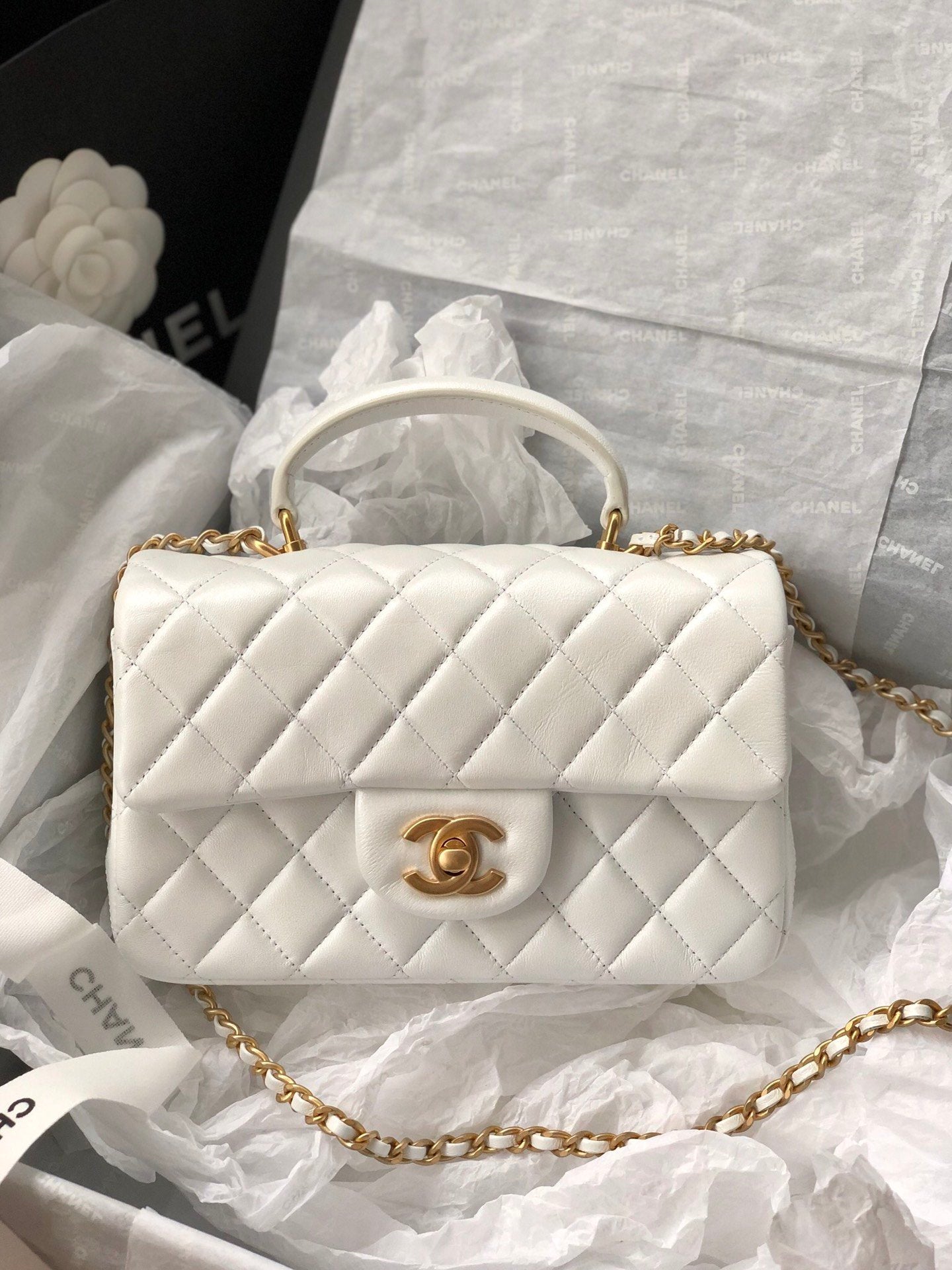 CHLMini 7.8in 20cm White Flap Top Handle Mini Bag