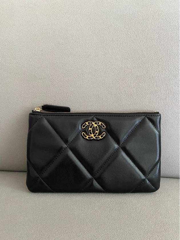 Nineteen Gold Logo Small Lambskin Pouch Bag Black Chanel