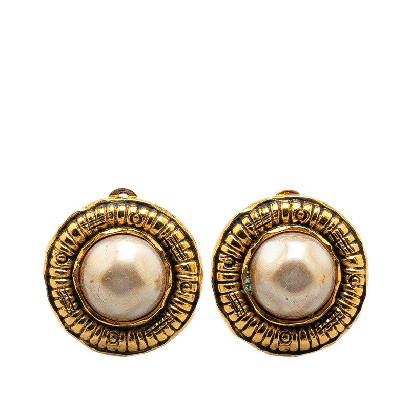 Chanel Gold Plated Round Faux Pearl Clip Earrings Bag