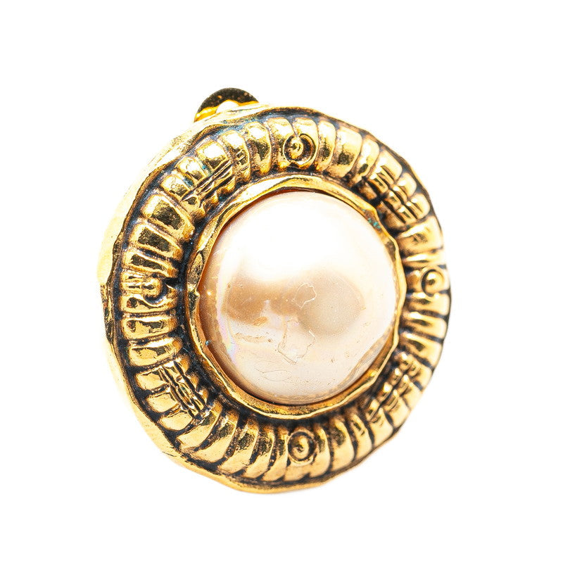 Chanel Gold Plated Round Faux Pearl Clip Earrings Bag