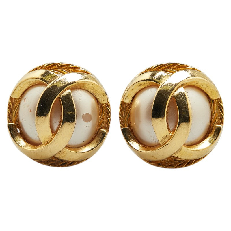 Chanel Gold Plated Coco Mark Faux Pearl Earrings Bag