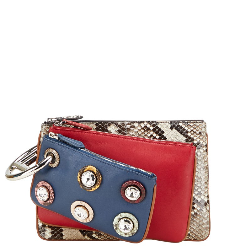 Fendi Triplette 2Way Clutch Bag Leather Python