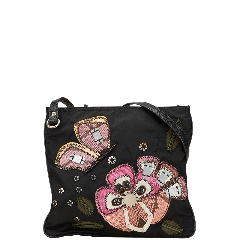 Prada Triangle Flower Embroidery Shoulder Bag Nylon Python Logo